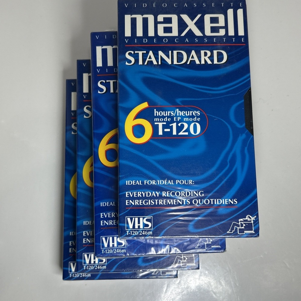 Lot of 4 New Sealed Maxell Video Cassette Tapes Blank VHS T-120 Standard 6 Hour‎